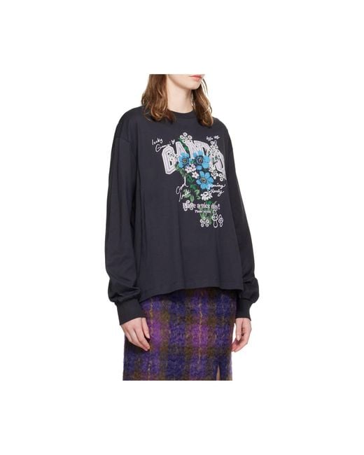 Ganni Black Basic Cotton Long Sleeve T-Shirt With Flower Print