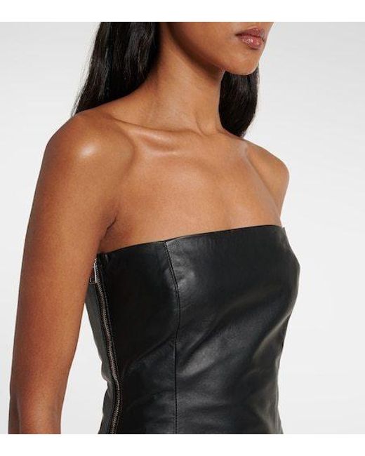 The Attico Black Draped Strapless Leather Midi Dress