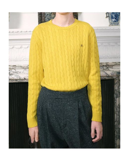 Valentino Yellow Vlogo Plaque Cable-Knit Jumper for men