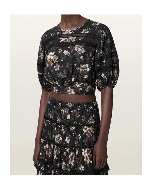 AllSaints Black Peony Floral Puff-Sleeve Top