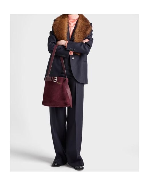 Prada White Buckle Belted Suede Bucket Bag