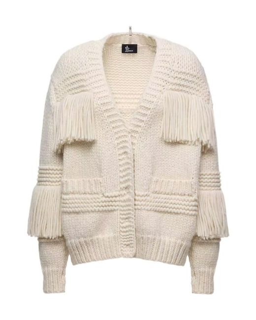 Moncler Natural Grenoble Fringe-Trim V-Neck Cardigan