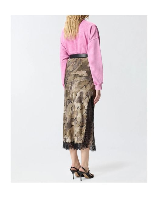 Pinko Natural Camouflage-Print Lace-Trim Midi Skirt