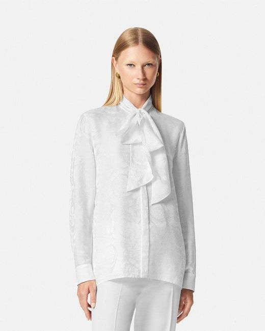 Versace White Barocco-Jacquard Pussy-Bow Blouse