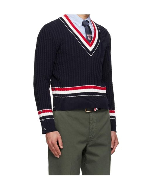 Thom Browne Blue Rwb Intarsia-Knit V-Neck Jumper for men