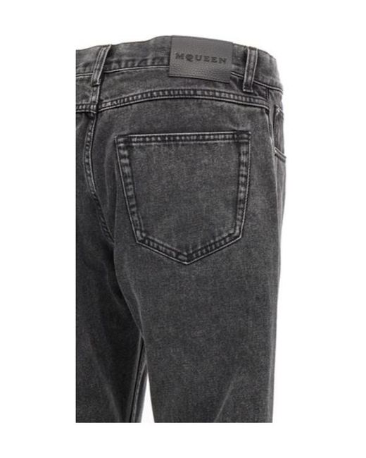 McQueen Gray Logo Tag Straight-Leg Jeans for men