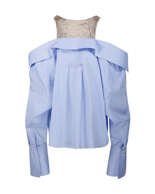 GIUSEPPE DI MORABITO Blue Striped Crystal-Embellished Blouse