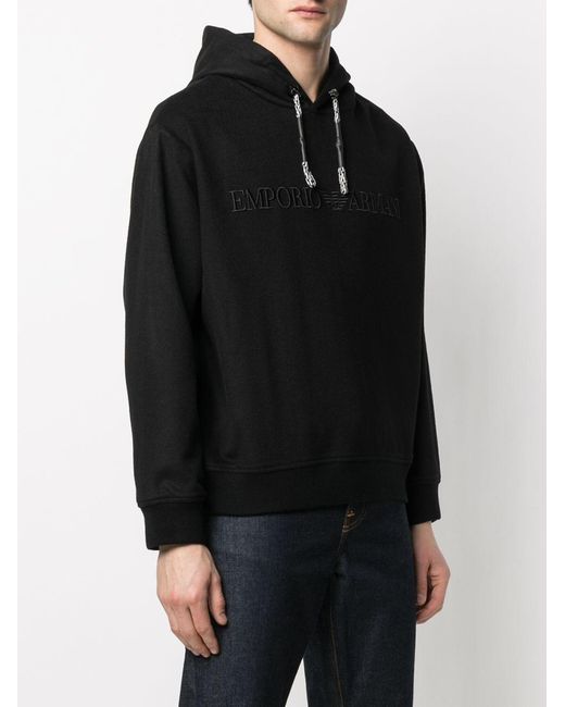 Emporio Armani Black Embroidered-Logo Cotton Hoodie for men
