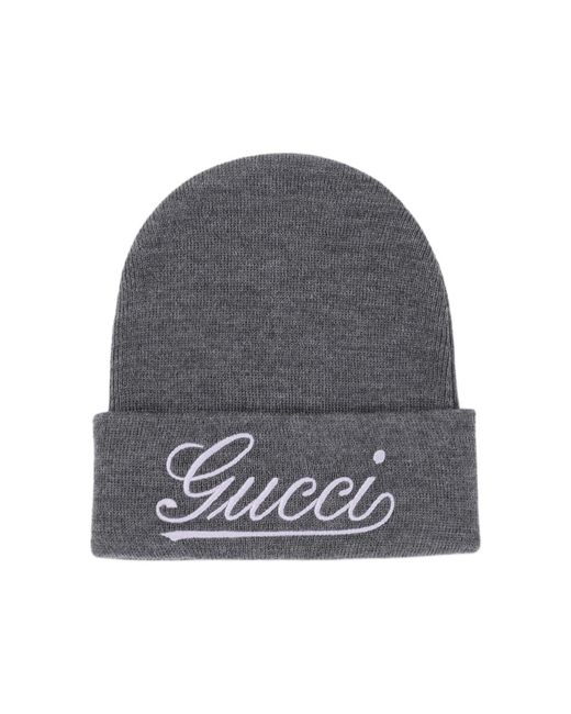 Gucci Gray Logo Embroidered Turn-Up Brim Beanie