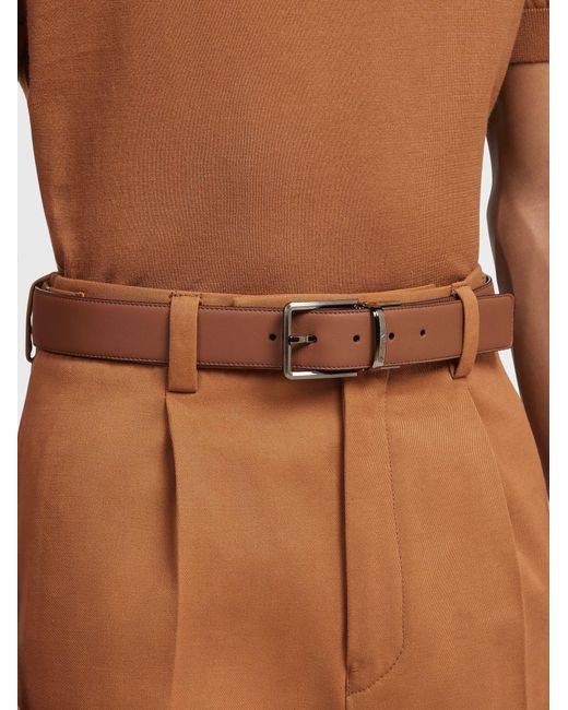 Zegna Brown Logo Engraved Reversible Buckle Belt for men