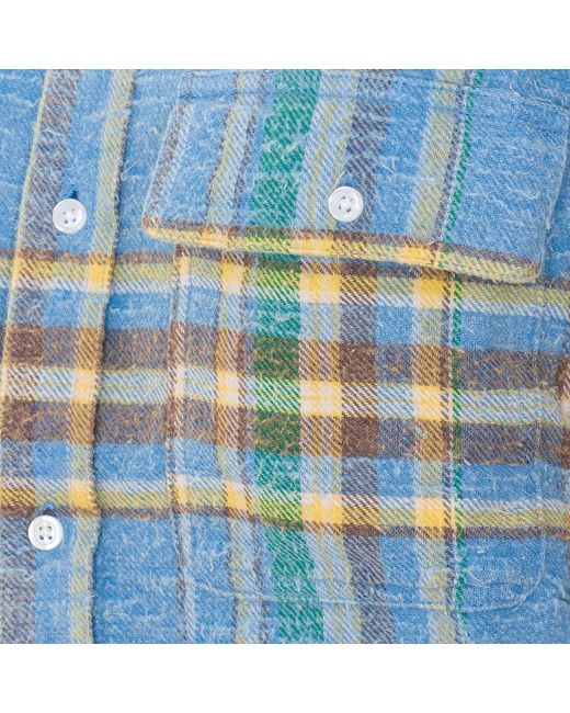 R13 Blue Check Pattern Cropped Fringed Work Shirt