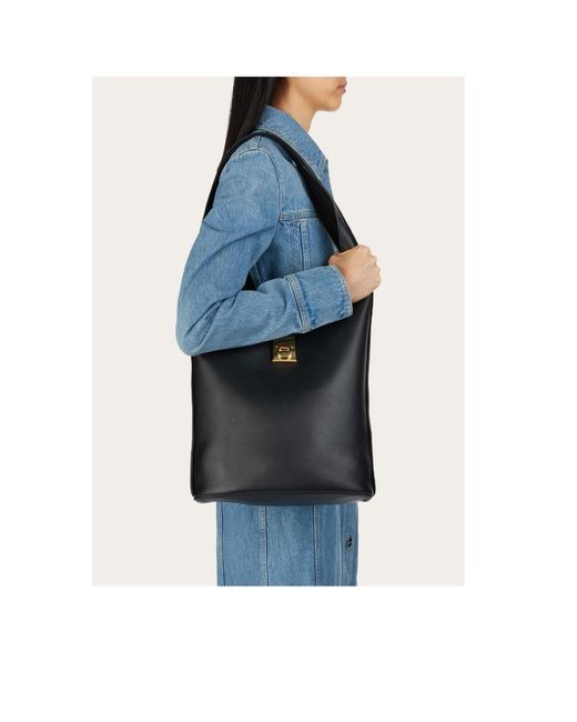 Ferragamo Black Gancini Buckle Large Shoulder Bag