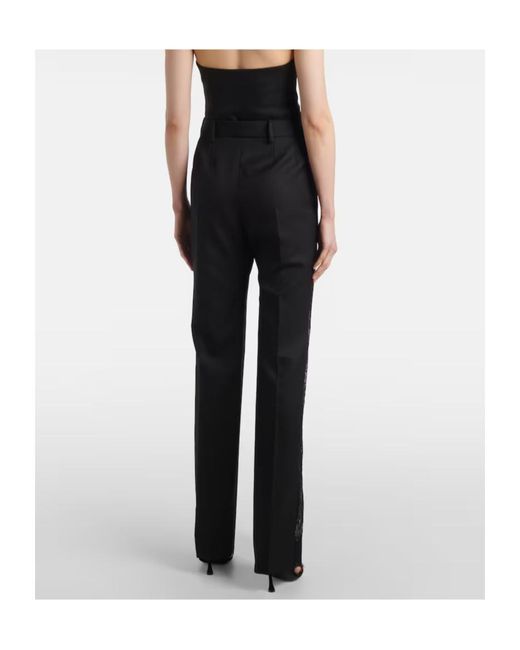 Nina Ricci Black Lace-Trimmed Wool Straight Pants