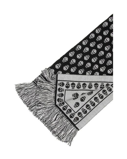 McQueen Black Skull Print Fringed Scarf