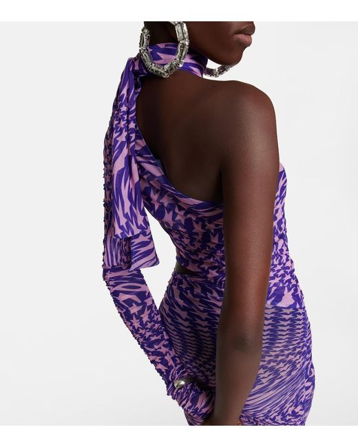 Mugler Purple Printed Mesh Lace Dress