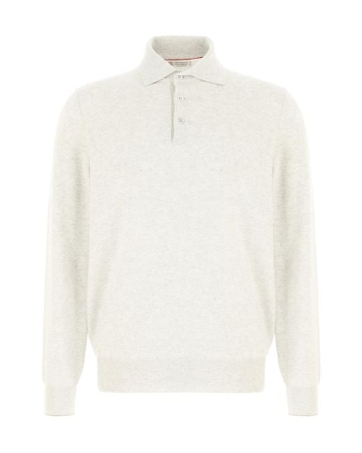 Brunello Cucinelli White Long Sleeved Knitted Polo Shirt for men