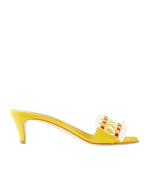 Manolo Blahnik Yellow Raffia-Trimmed Leather Mules