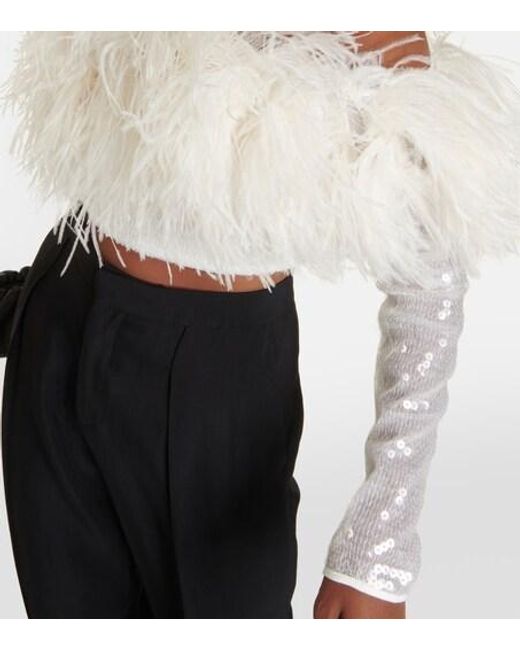 David Koma White Sequined Feather-Trimmed Crop Top