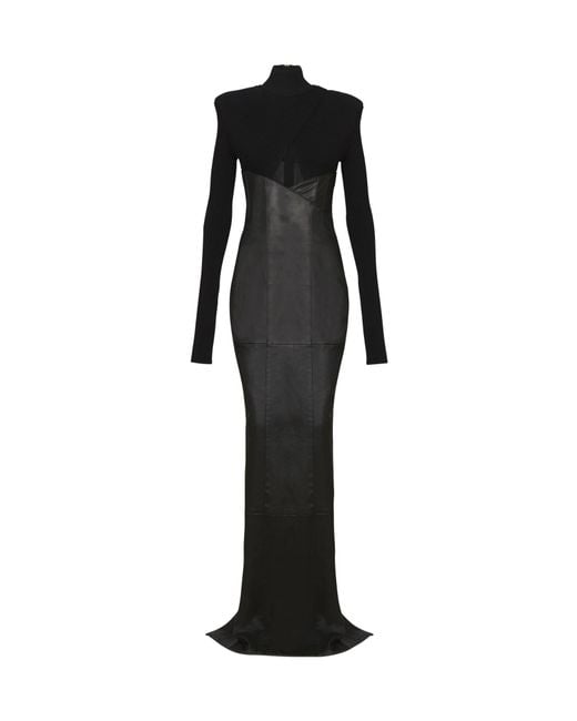 Balmain Black Long Knit And Lambskin Leather Dress