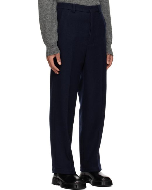 AMI Blue Straight-Leg Pleat-Detailed Trousers for men
