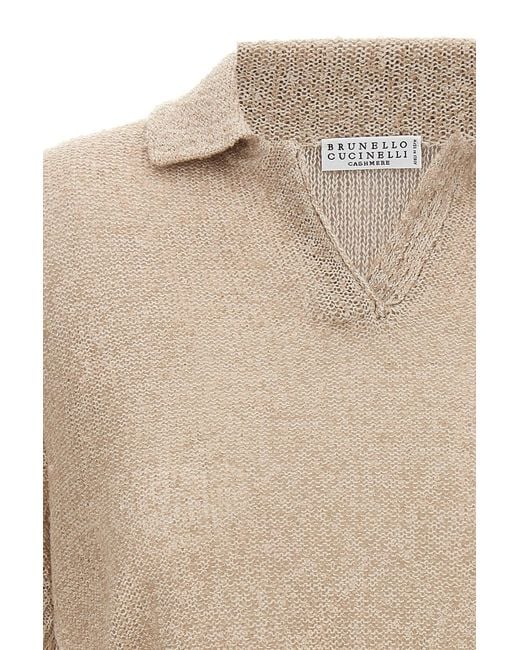 Brunello Cucinelli Natural Sequin Embellished Cropped Polo Shirt