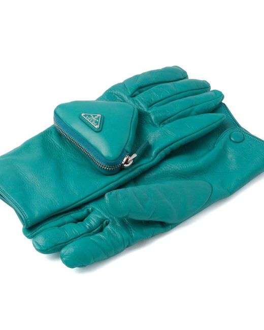 Prada Blue Nappa Leather Gloves With Pouch