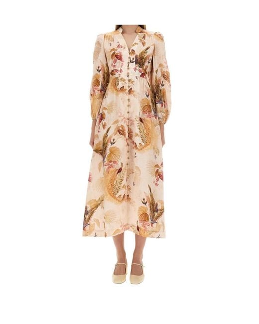 Zimmermann Natural Floral Printed V-Neck Long Dress