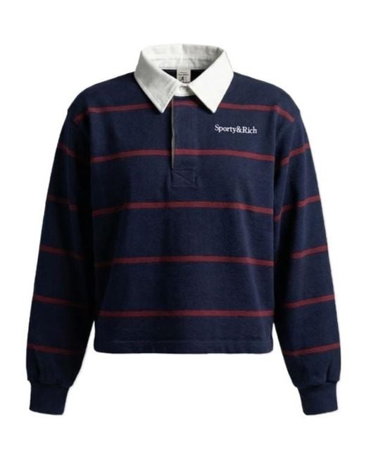 Sporty & Rich Blue Logo Stripe Long Sleeve Polo Shirt for men