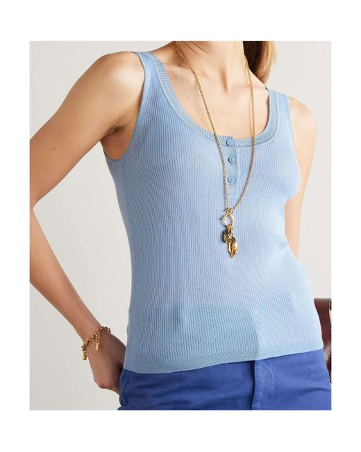 Chloé Blue Ribbed Button-Fastening Top