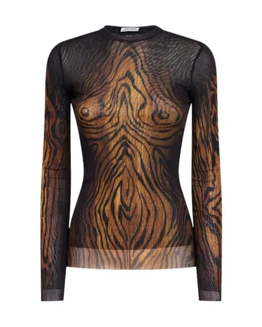 Jean Paul Gaultier Brown Wood Grain Print Mesh Long-Sleeved Top