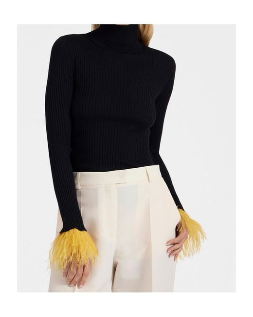LaDoubleJ Black Feather-Cuff Ribbed-Knit Jumper