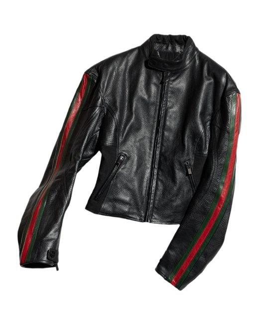 Gucci Black Leather Biker Jacket With Web