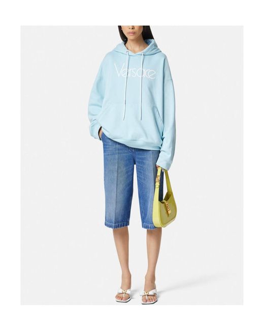Versace Blue Logo-Embroidered Drawstring Hoodie