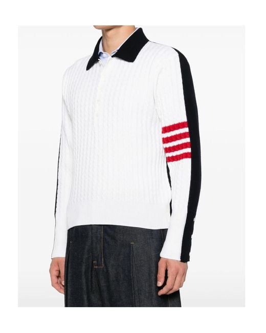 Thom Browne White 4-Bar Cable-Knit Polo Shirt for men