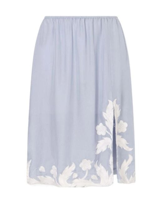 Anna Sui Blue Embroidered Silk-Satin Midi Skirt