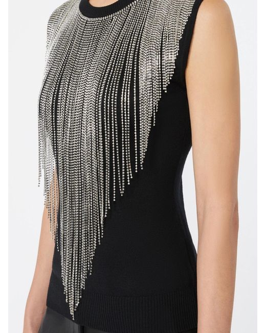 Sportmax Black Crine Crystal-Fringe Sleeveless Top