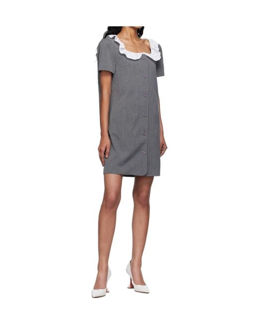 Pushbutton Blue Ruffled Collar Mini Dress
