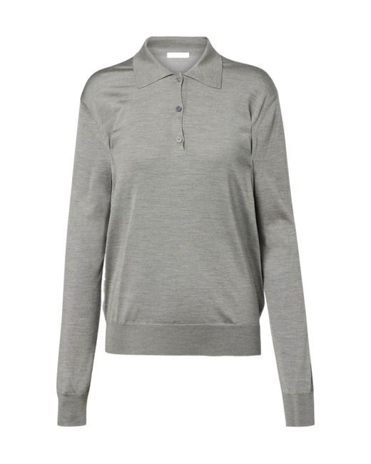 The Row Gray Lilienne Silk Polo Sweater