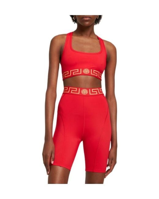 Versace Red Greca Logo Stretch Tech Sports Bra