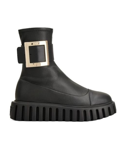 Roger Vivier Black Viv' Go-Thick Metal Buckle Stretch Ankle Boots