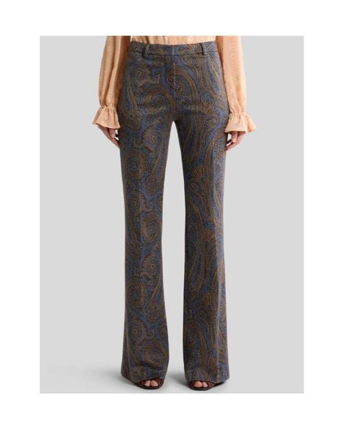 Etro Gray Fit-And-Flare Cotton-Blend Jacquard Trousers With Paisley Motif