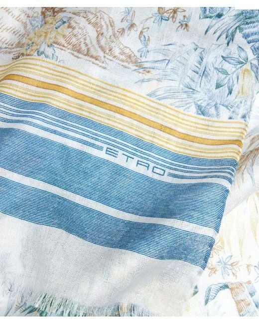 Etro Blue Wool And Silk Scarf With Design for men