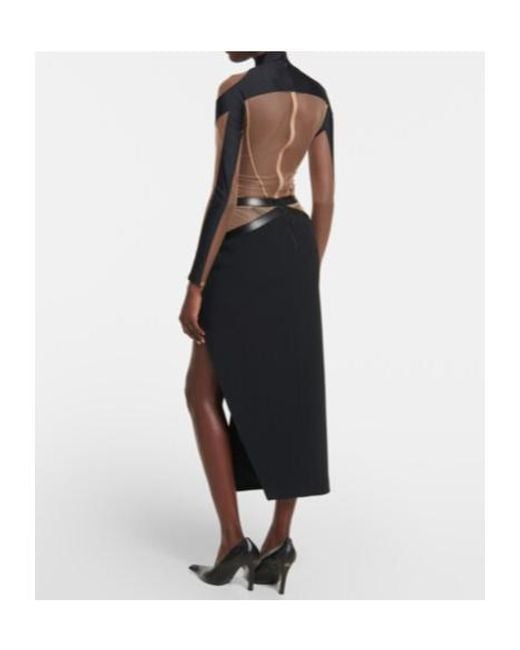 David Koma Black Leather-Trimmed Midi Skirt