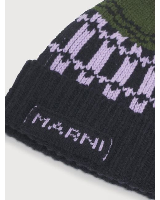 Marni Green Wool Beanie With Geometric Motif for men