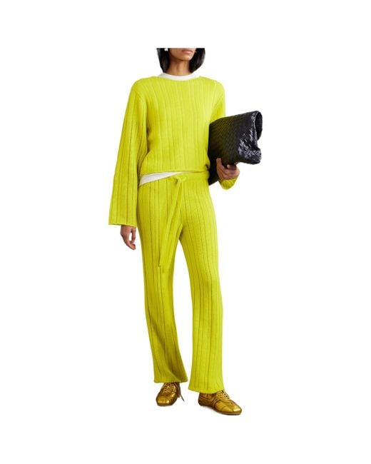 The Elder Statesman Yellow Ribbed Cashmere And Cotton-Blend Wide-Leg Pants