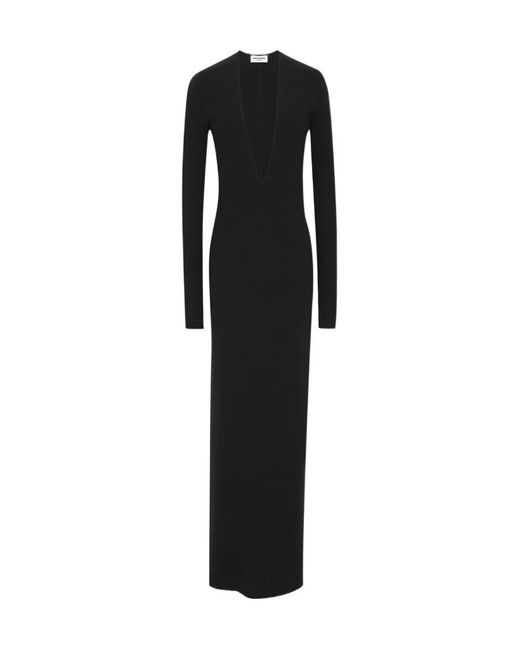 Saint Laurent Black V-Neck Long-Sleeved Dresses