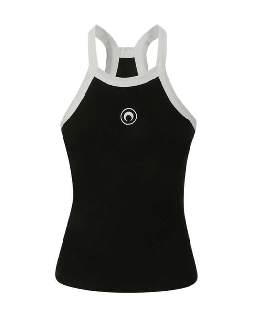 MARINE SERRE Black Crescent Moon Embroidered Racerback Ribbed Top