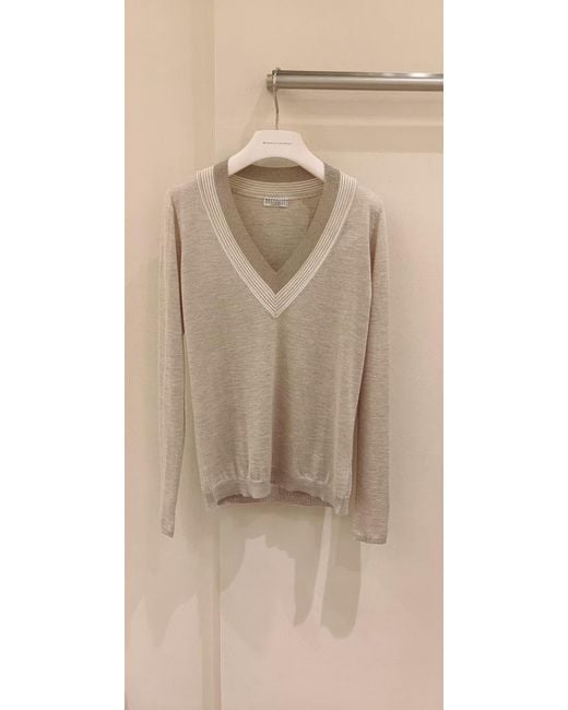 Brunello Cucinelli White Striped V-Neck Knitted Sweater