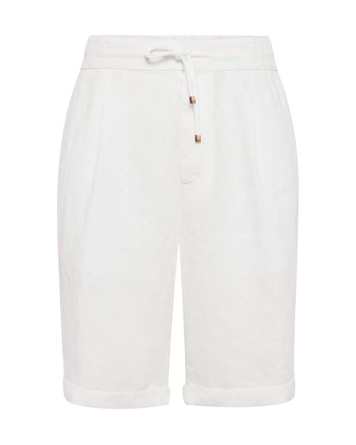 Brunello Cucinelli White Elasticated Knee High Shorts for men