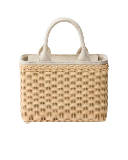 Prada Natural Medium Woven Fabric And Linen Blend Tote Bag